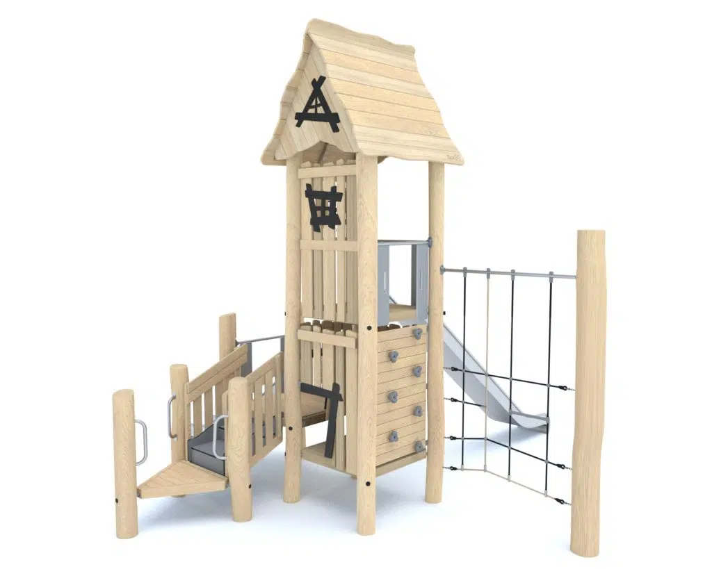 domek ze ślizgawką i linarium robinia na plac zabaw
